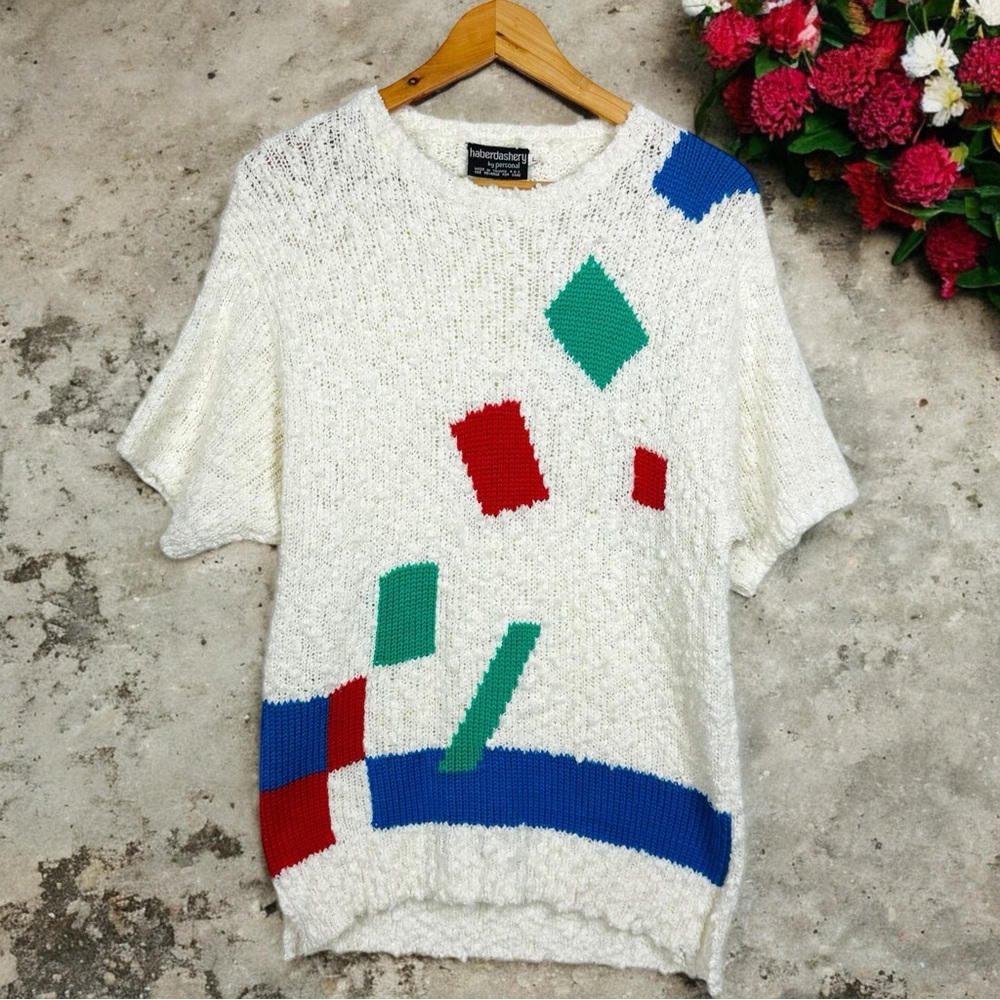 Vintage 80s Short Sleeve Graphic Geometric Popcorn Textured Open Knit Sweater L